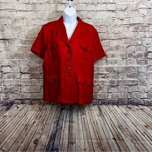 Lord & Taylor Red Linen 90’s Vintage Button Short Sleeve Safari Jacket